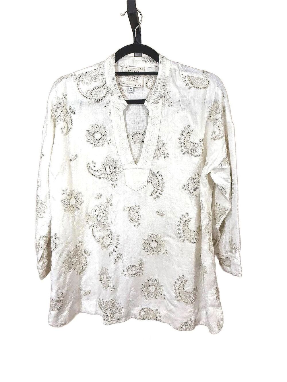Johnny Was Jade XS White Long Sleeve Women's Tunic with Beige Paisley Print